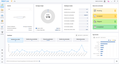 Interface logiciel MeditLink pour contrôler le scanner intraoral Medit i700 et le scanner intraoral Medit i500.