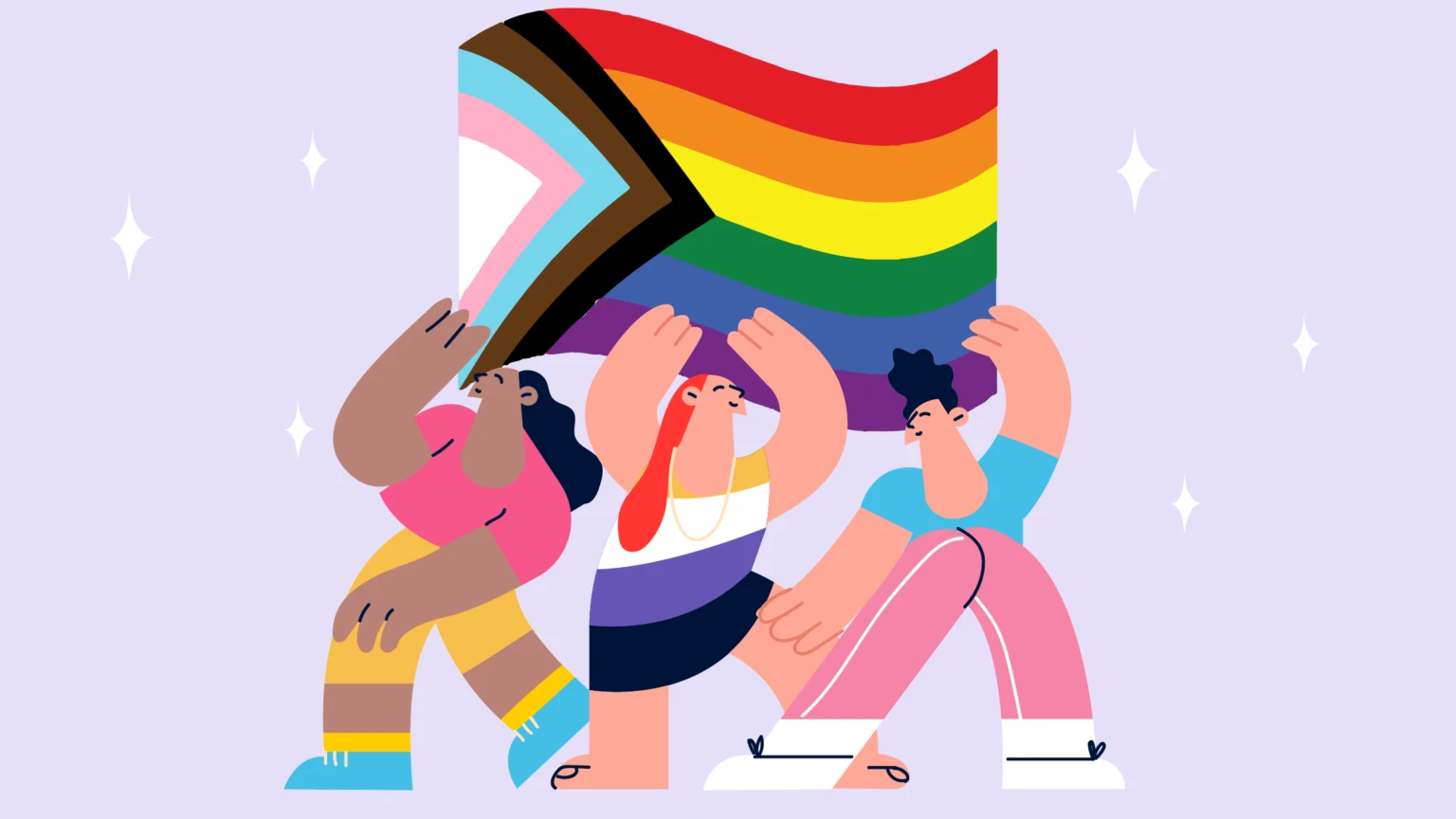 lbtqia2+ pride flag held by three people