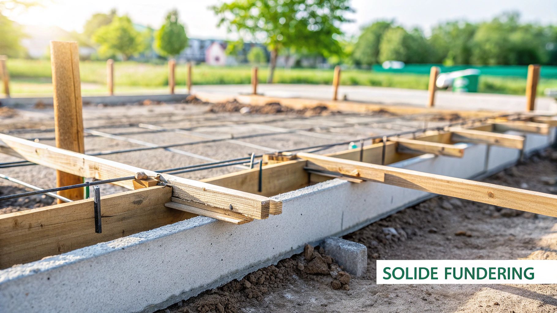 Houten frame van een tuinkantoor in aanbouw, staand op een fundering