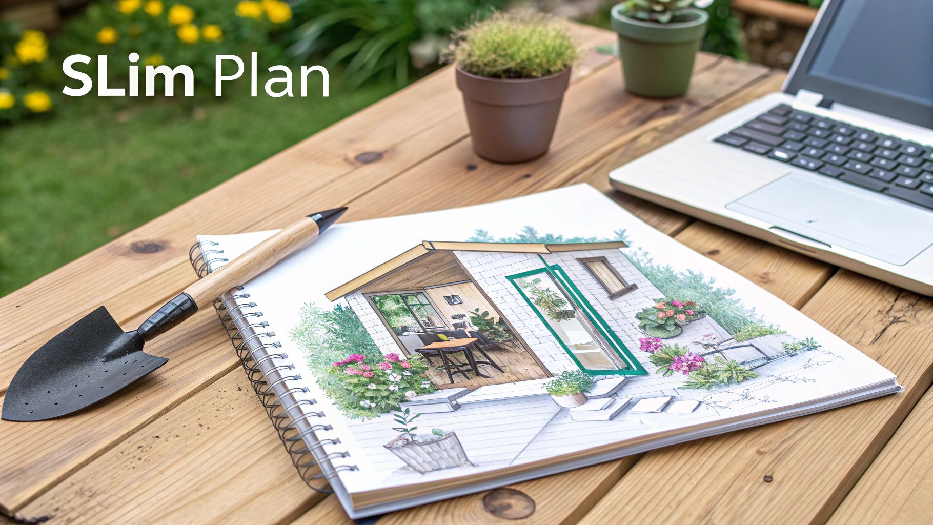 Moderne houten tuinkantoor omgeven door groen en een stenen pad