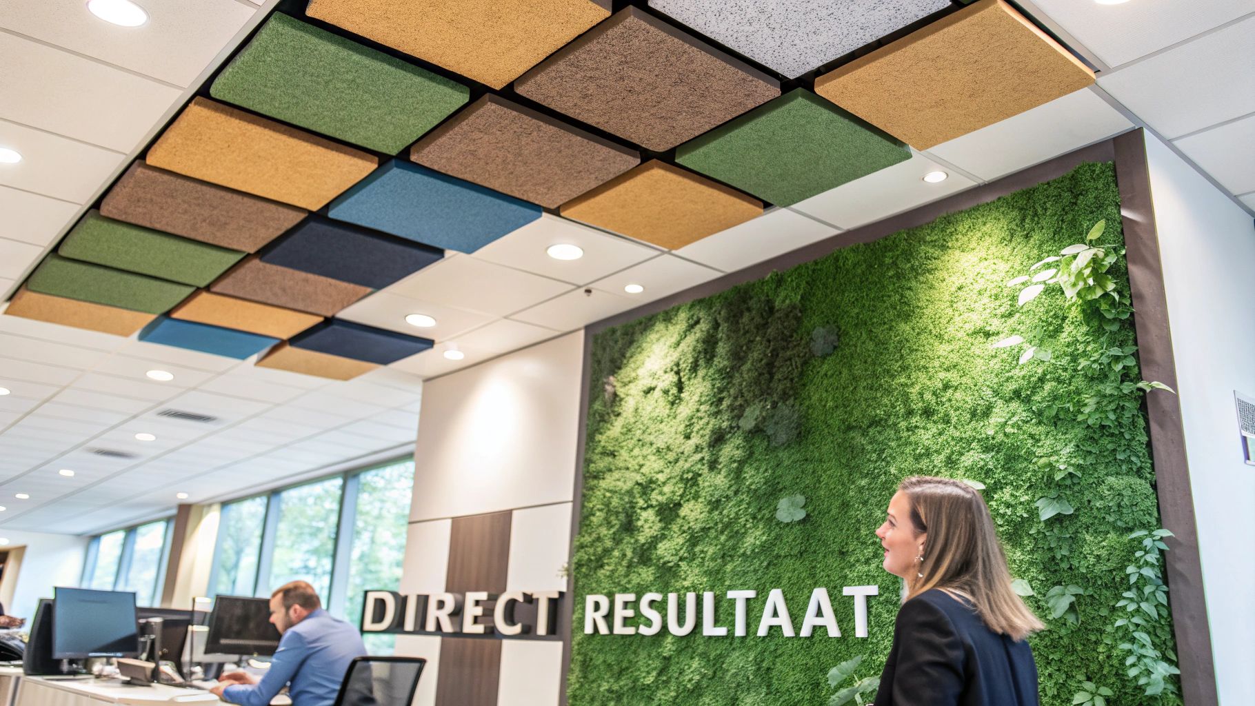 Een moderne kantoorinrichting met stijlvolle akoestische panelen en meubilair dat geluid absorbeert.