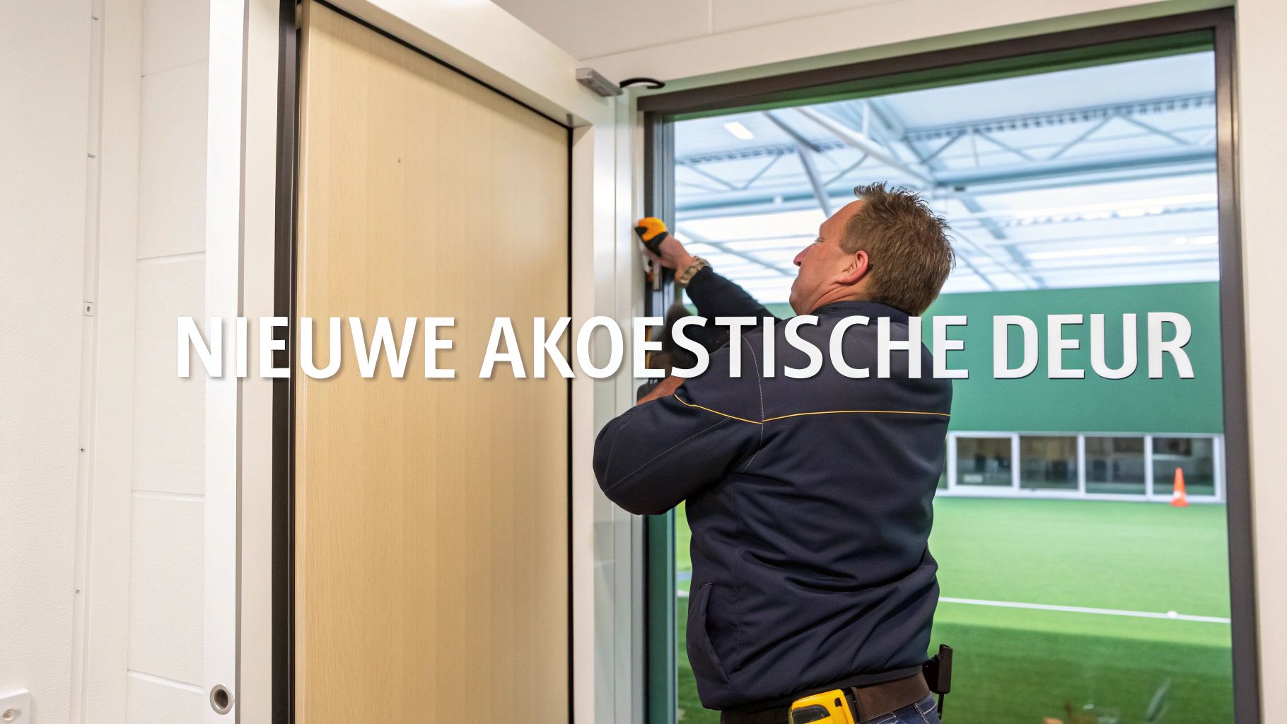 Een moderne, massieve akoestische deur in een stijlvolle kantooromgeving.