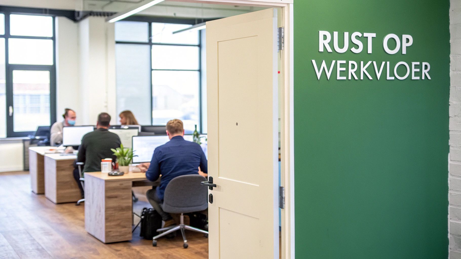 Een kantoormedewerker die zich probeert te concentreren in een rumoerige open kantoorruimte.