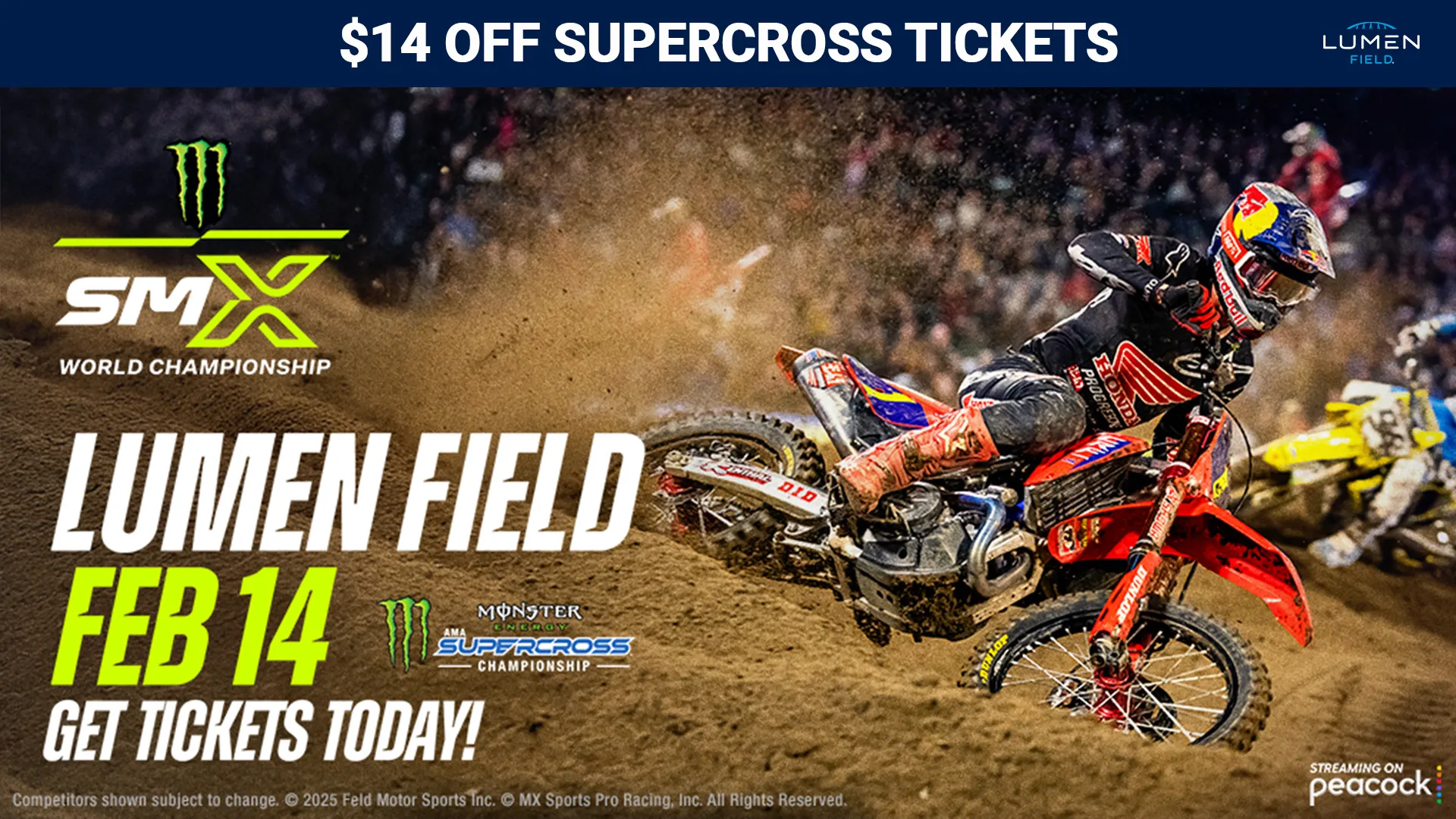 A promo image for $14 off Supercross tickets at Lumen Field