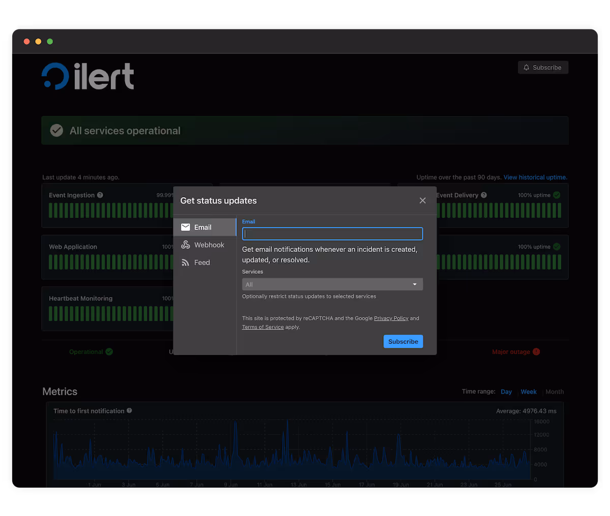 ilert status page and the subscription options