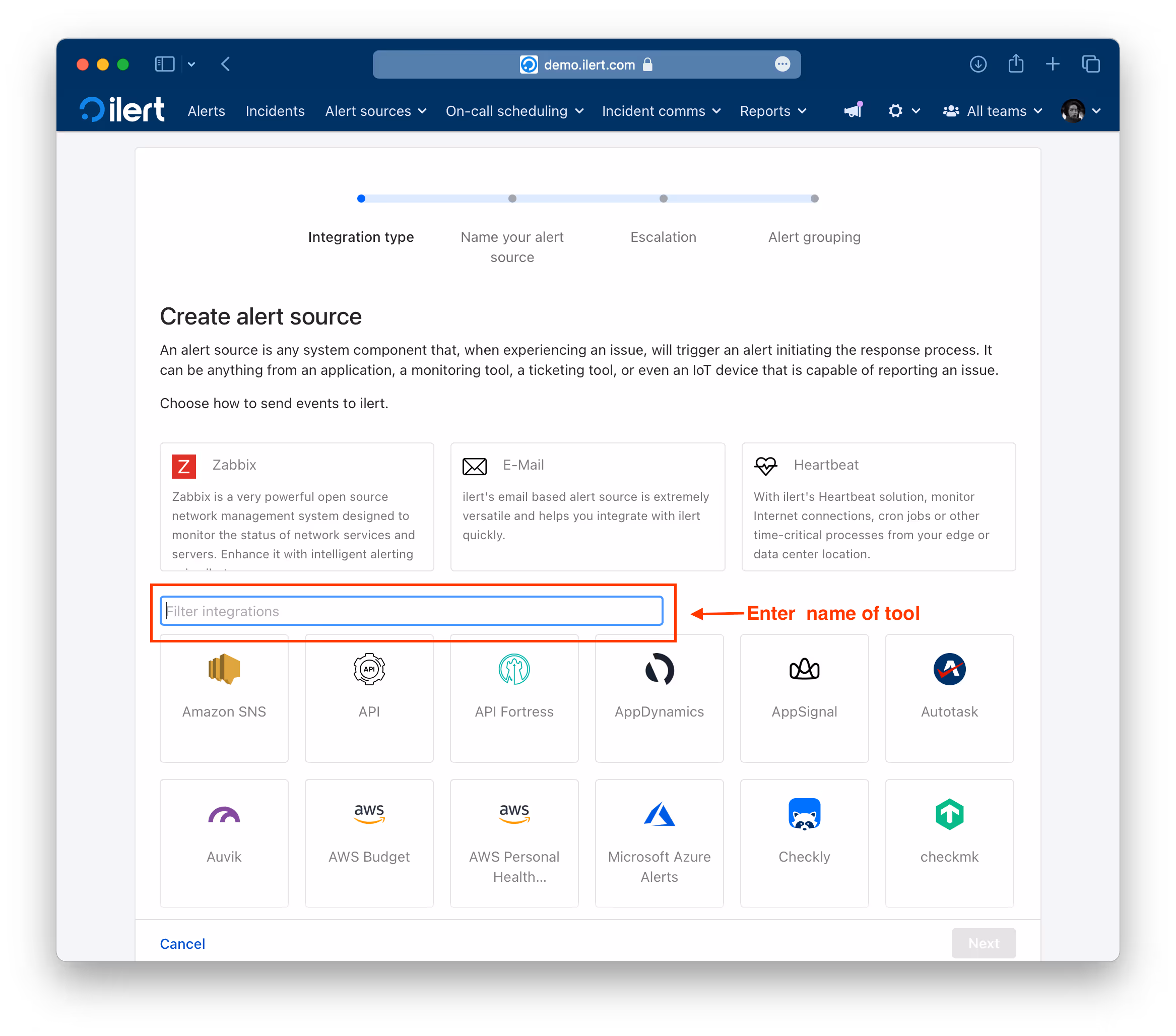 Find RapidSpike among ilert alert sources
