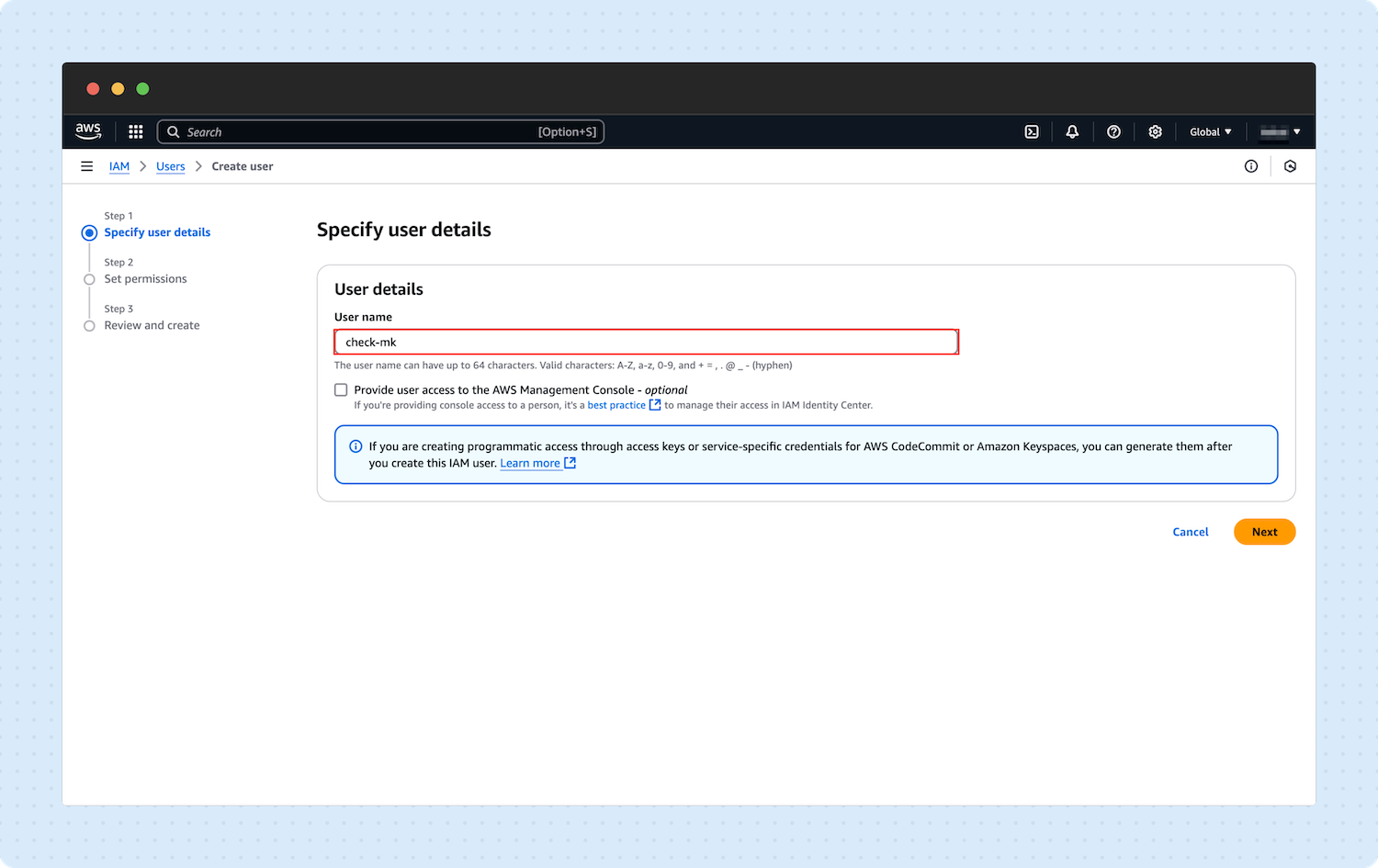 Creating an IAM User for Checkmk 03