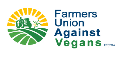Farmers Union Against Vegans logo with a green tractor on green fields under a yellow sun.