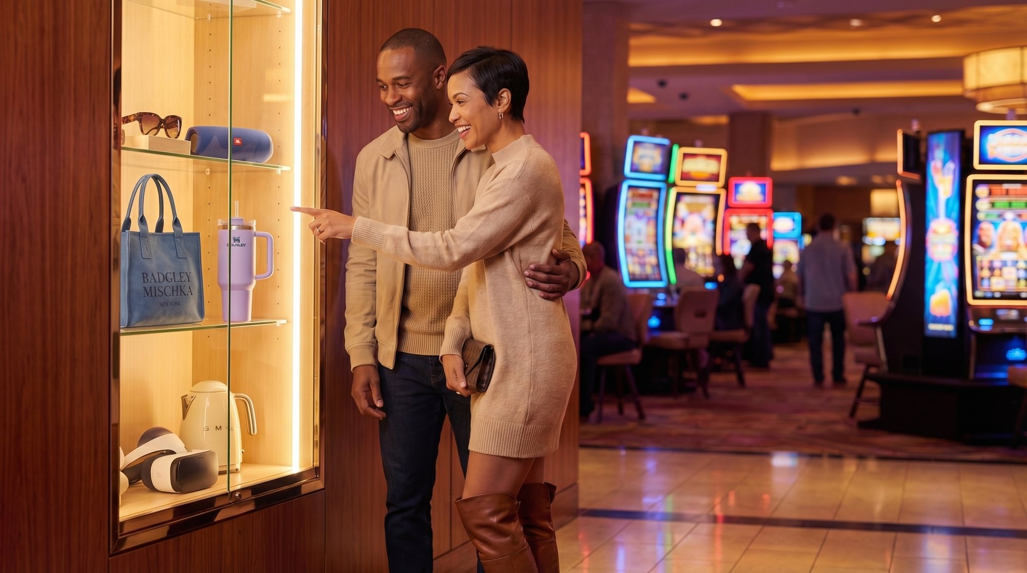 Smiling couple pointing at branded gifts in a lit display case on a casino floor
