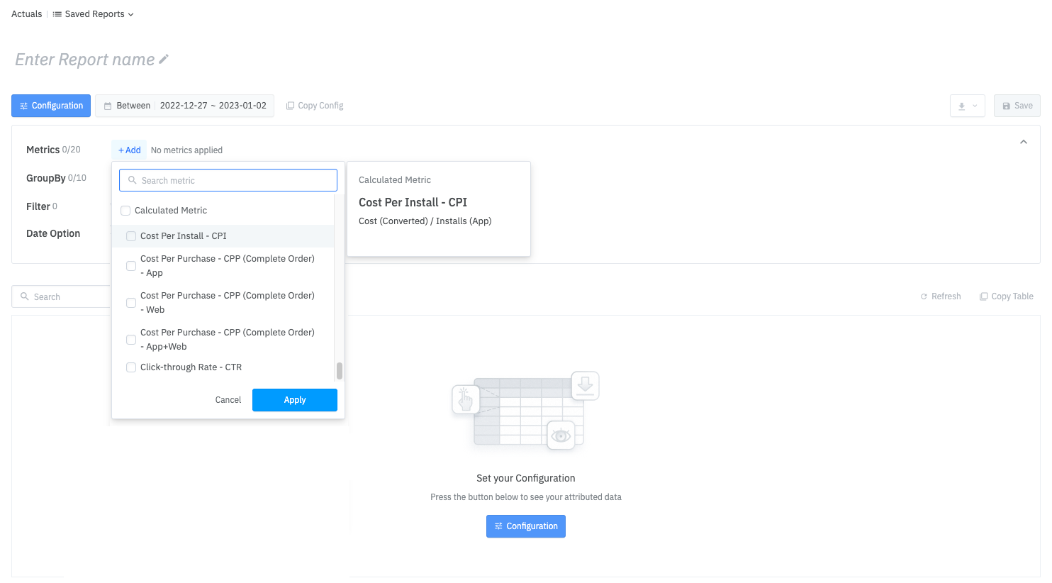 Calculated Metric in Airbridge Actuals report