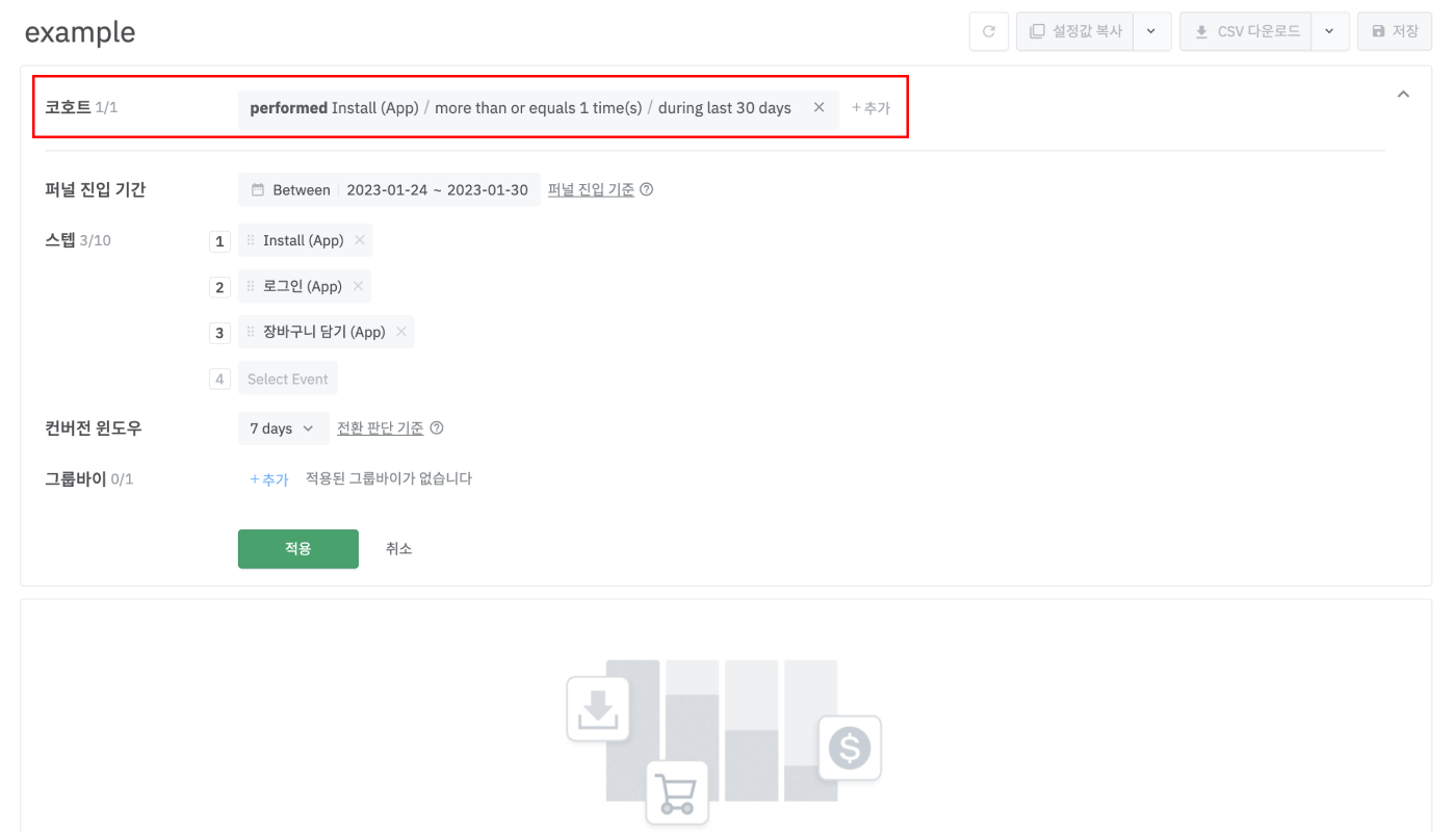 Airbridge Funnel report cohort