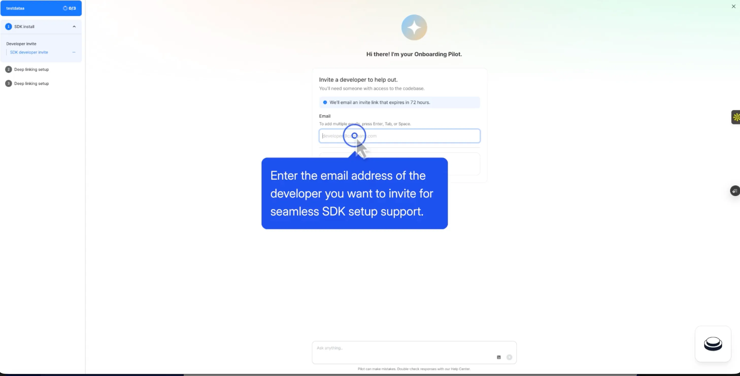 To start with Onboarding Pilot, you need to enter the email first.