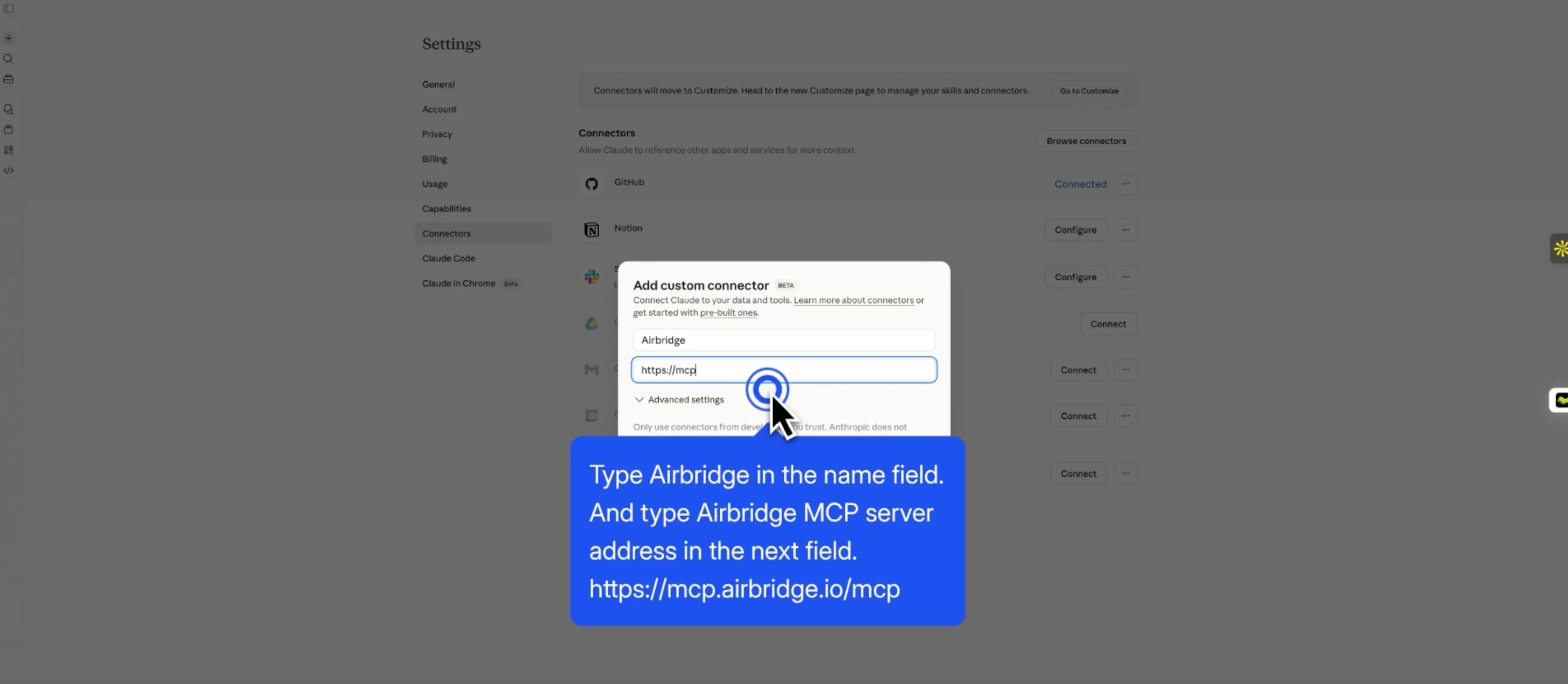 If you want to try Airbridge MCP, you have to use custom conncetor for now.