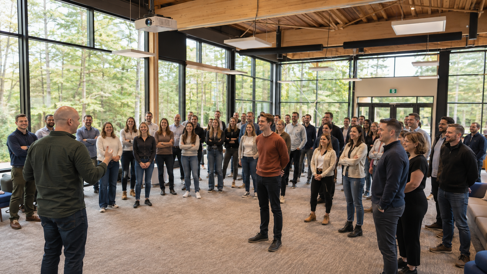 Large professional group participating in a facilitated team session