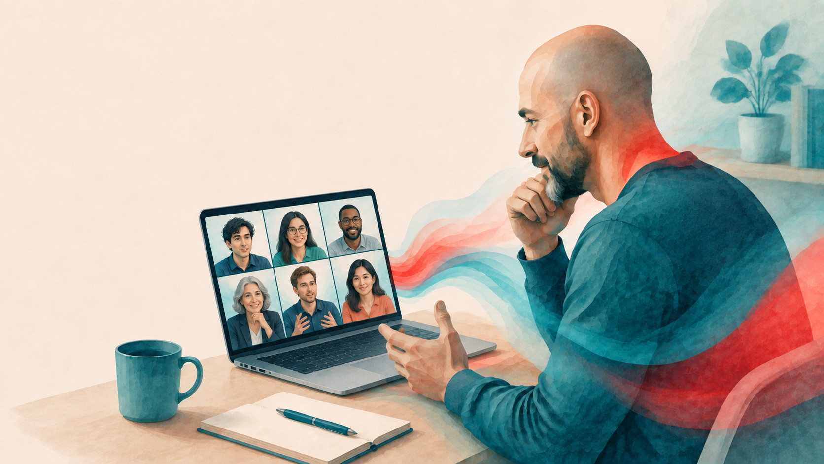 Illustration of a conversation taking place online by laptop