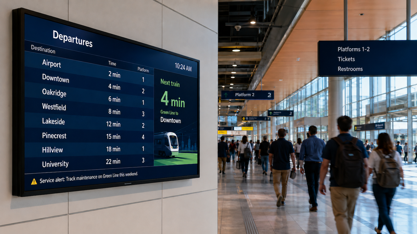 truDigital digital signage departure board showing real-time transit arrivals and wayfinding in a busy station
