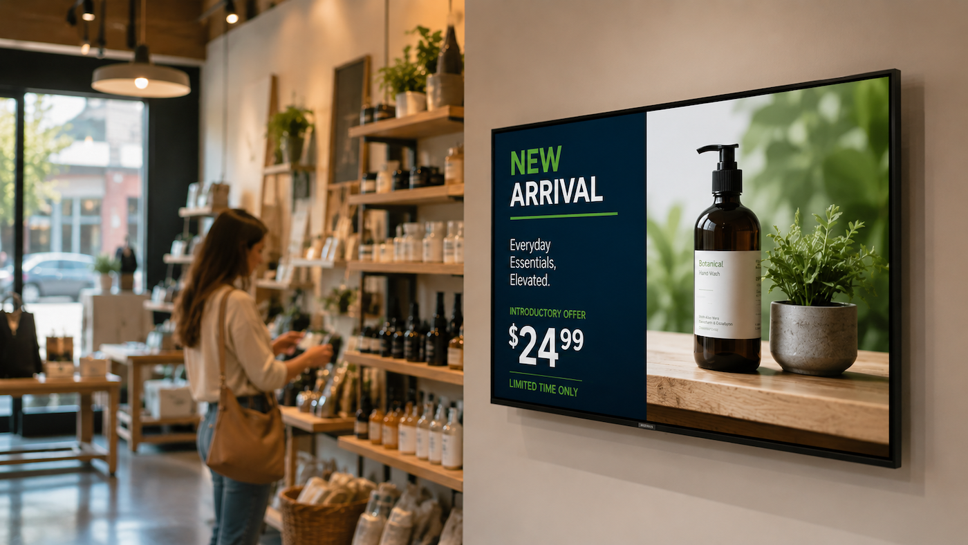 truDigital digital signage display promoting featured products inside a modern independent retail store