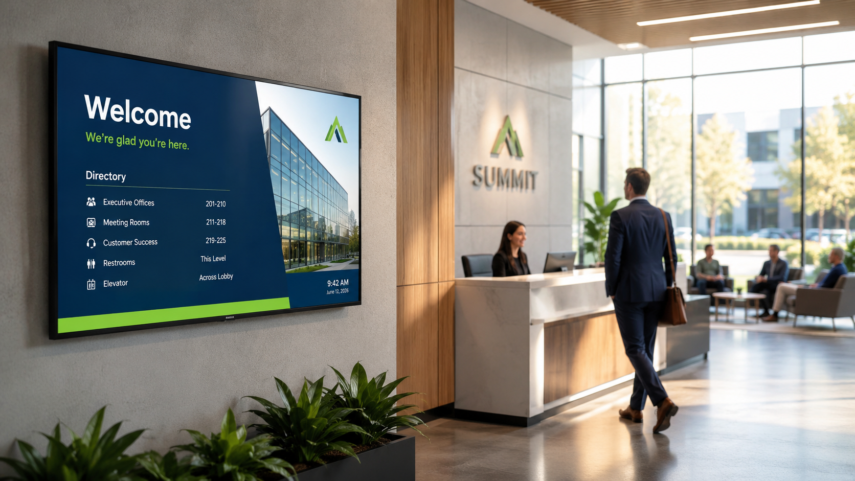 truDigital digital signage welcome screen in a modern corporate office lobby greeting visitors and staff