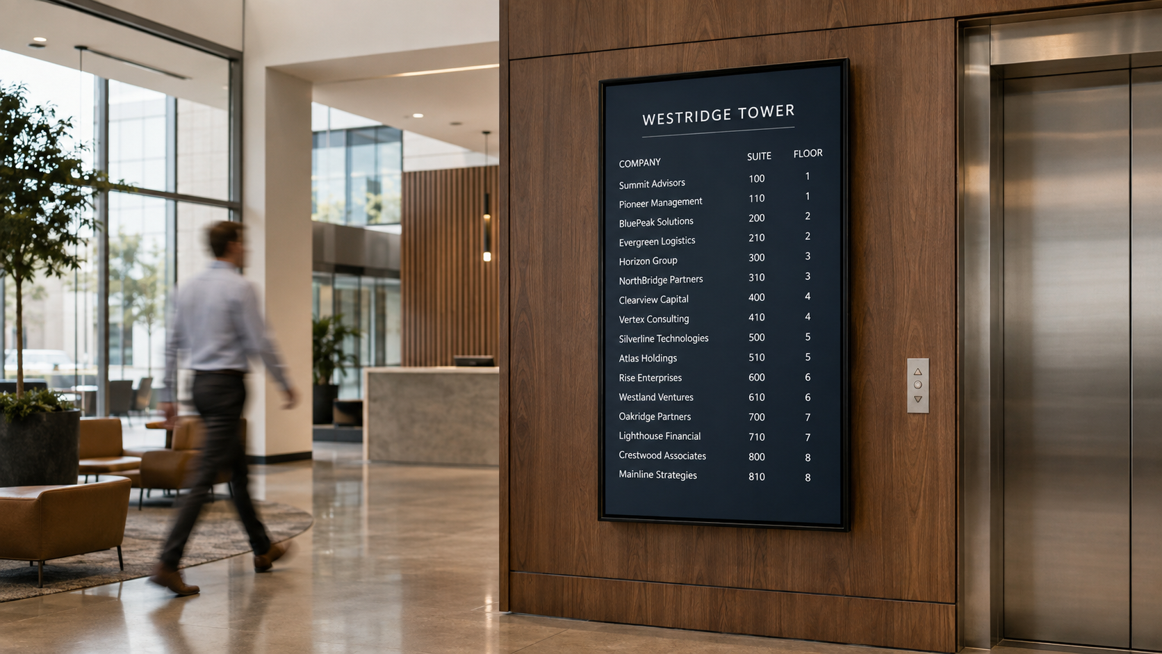 truDigital digital building directory screen in a modern office lobby listing tenant names, suite numbers, and floors