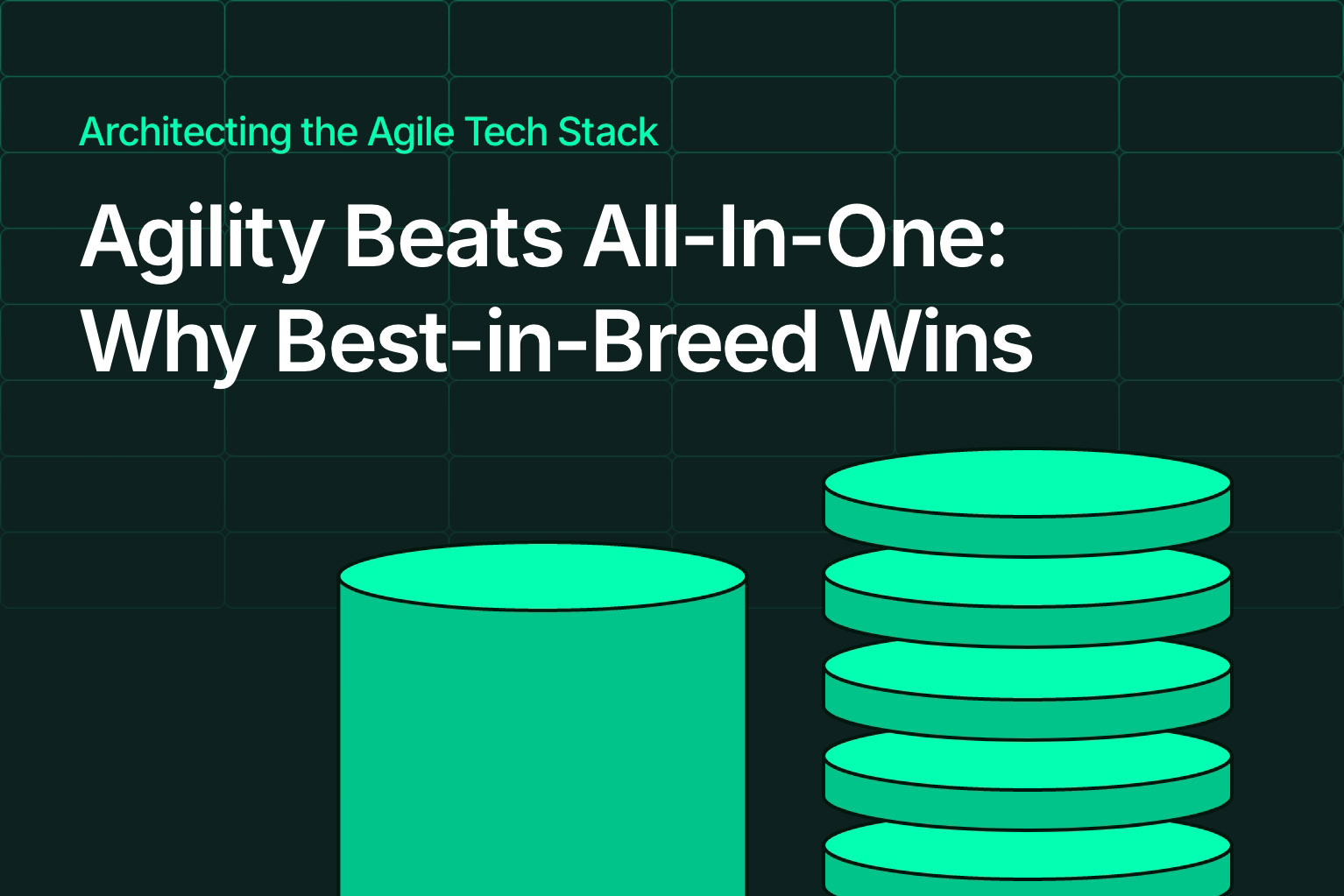 A graphic showing the title of the blog post "Agility Beats All-In-One: Why Best-in-Breed Wins", with a circular tube next to a stack of circular, modular discs.