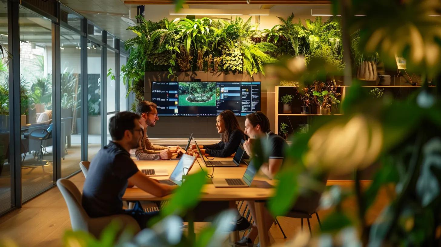 a modern, stylish office setting featuring a collaborative meeting space with sleek design elements, where a diverse team enthusiastically discusses sustainable garden plans displayed on digital screens, reflecting ecobloom gardens’ commitment to customised, environmentally-friendly landscaping solutions for sydney homeowners.