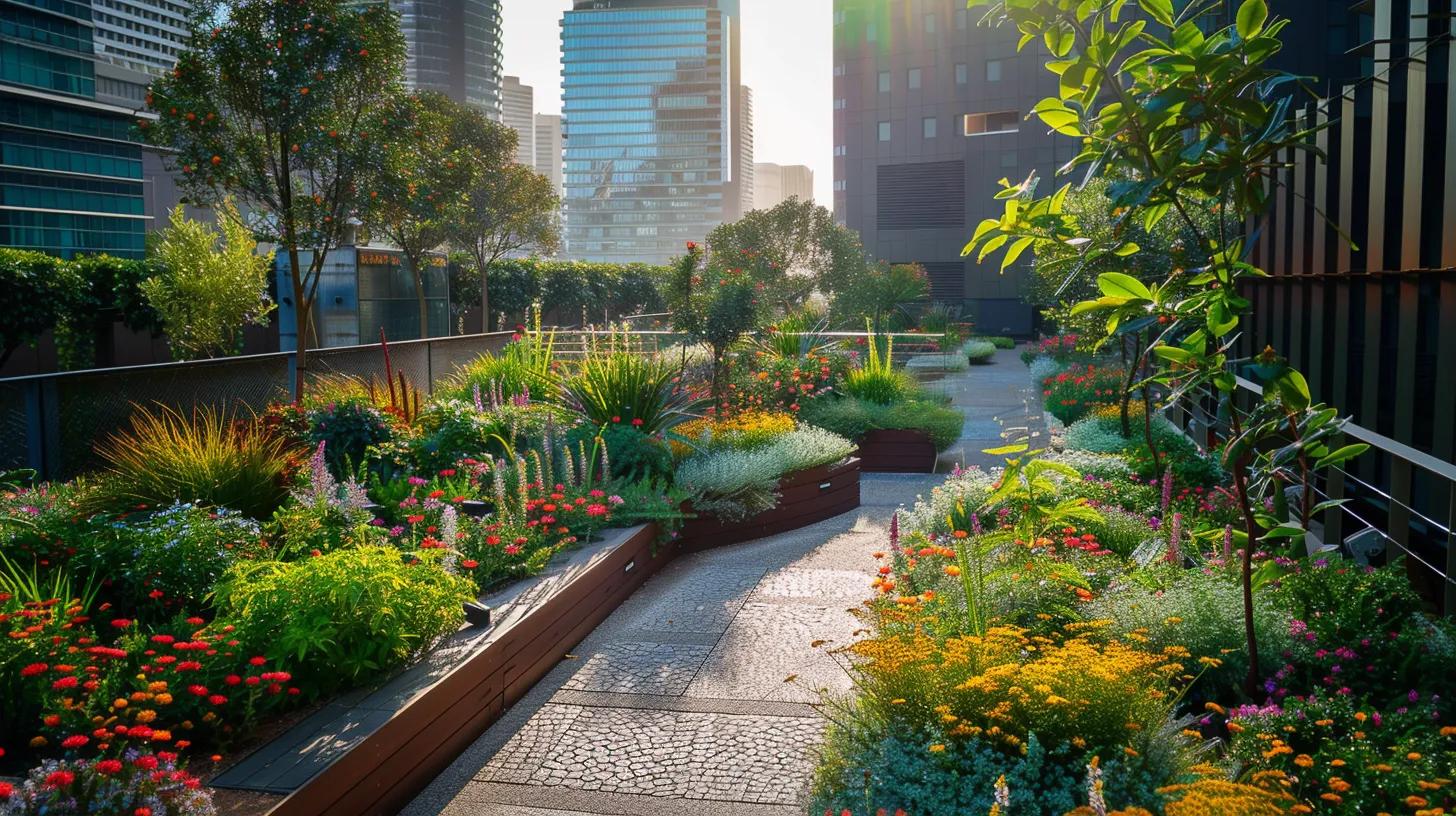 a modern urban garden in sydney features innovative sustainable design elements, showcasing native plant species, efficient drip irrigation systems, and vibrant pollinator-friendly blooms amidst a chic city backdrop.