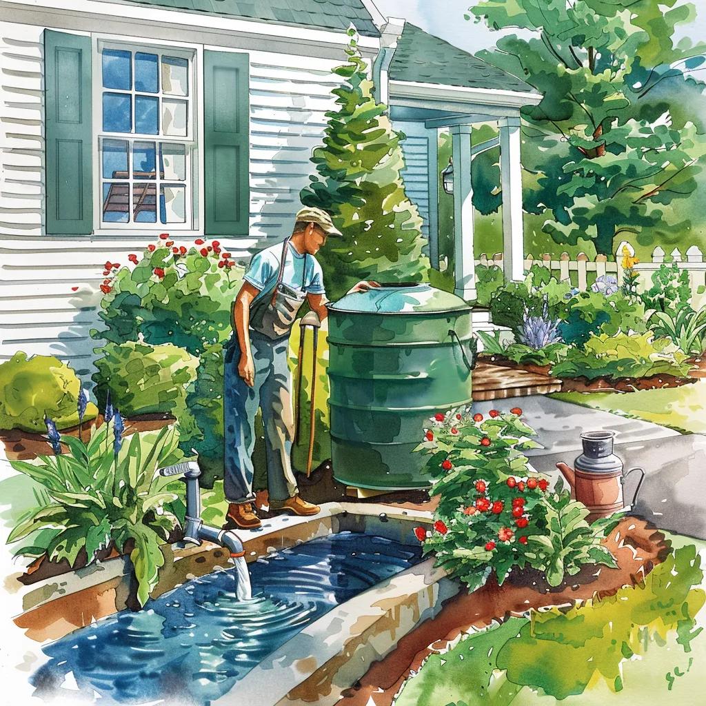 Gardener installing a rain barrel in a garden for rainwater harvesting