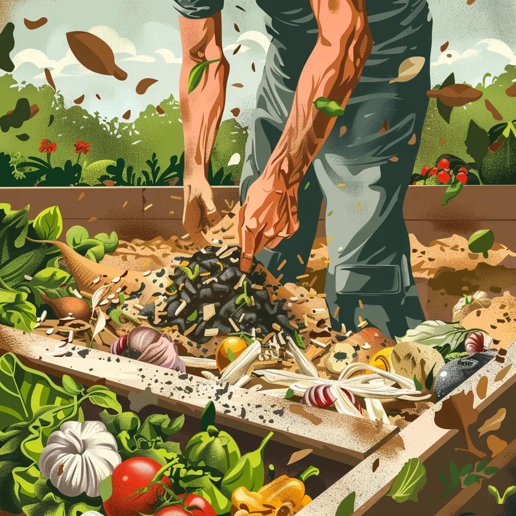 Gardener creating a compost pile with organic materials in a sunny garden