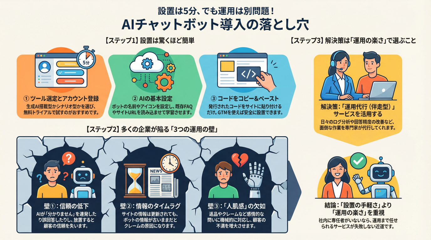 CS担当者必見！HPにAIチャットボットを設置する全手順と『運用』のリアル