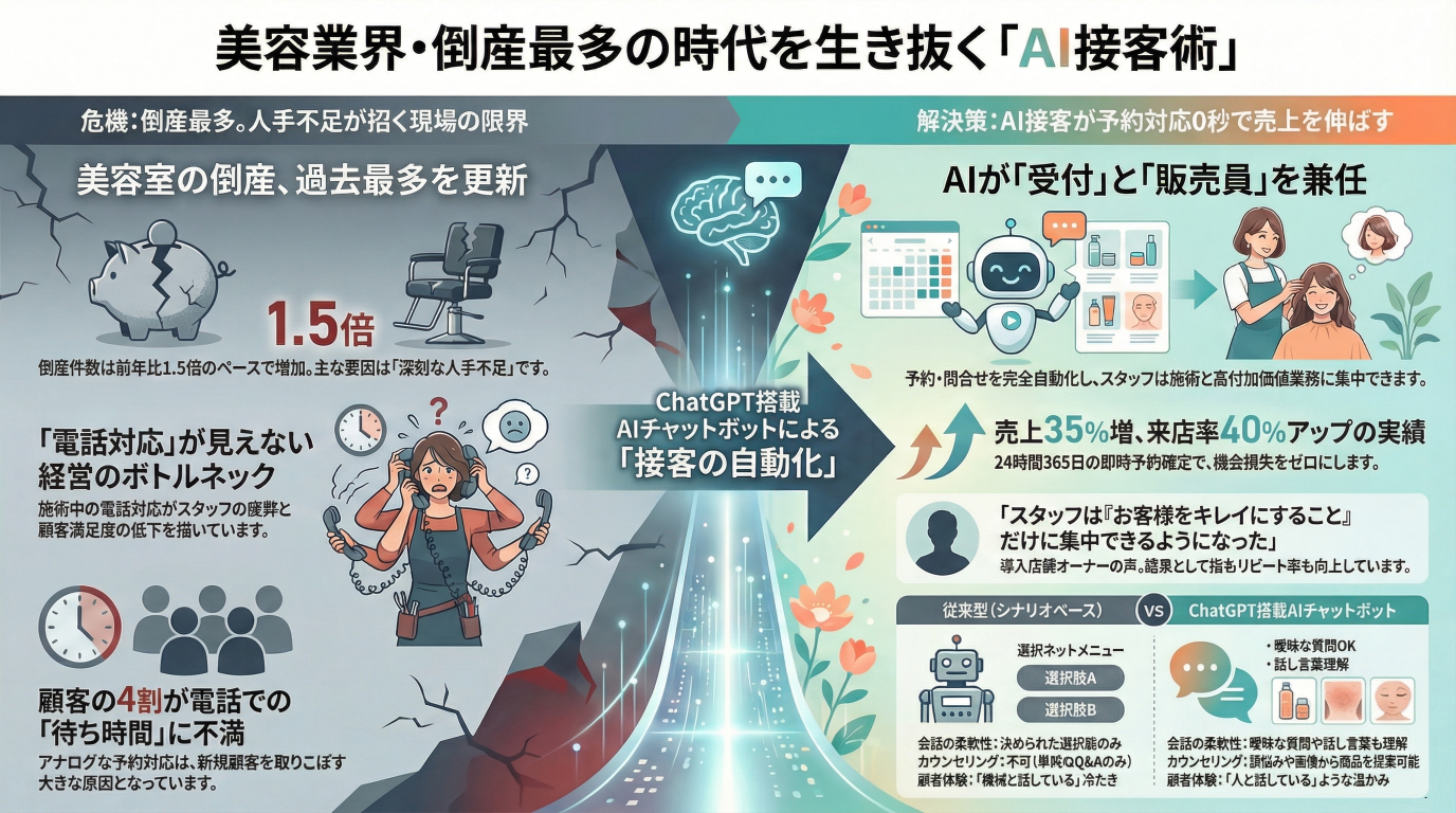 【美容室経営】電話対応を捨て売上35%増。倒産ラッシュを生き抜く「AI接客術」