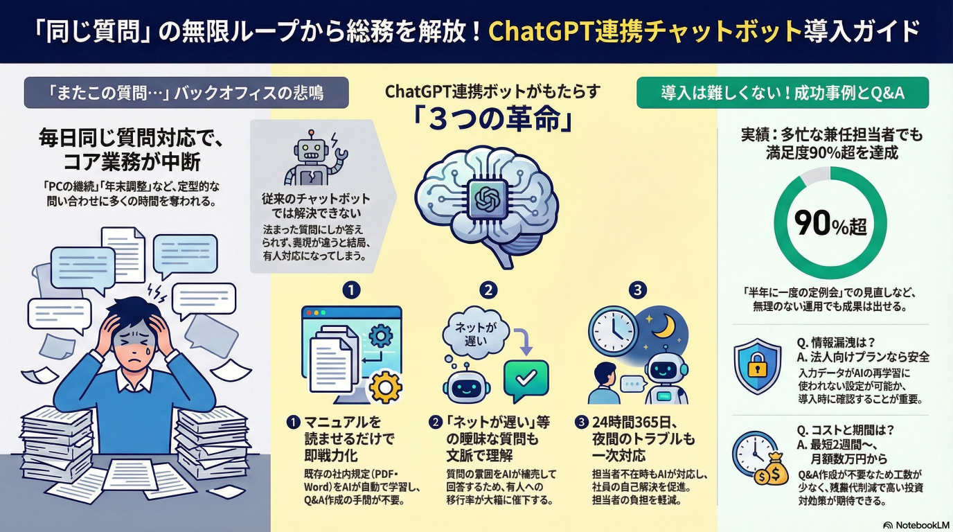 「同じ質問の繰り返し」から総務を解放する。ChatGPT連携チャットボットで社内問い合わせを自動化
