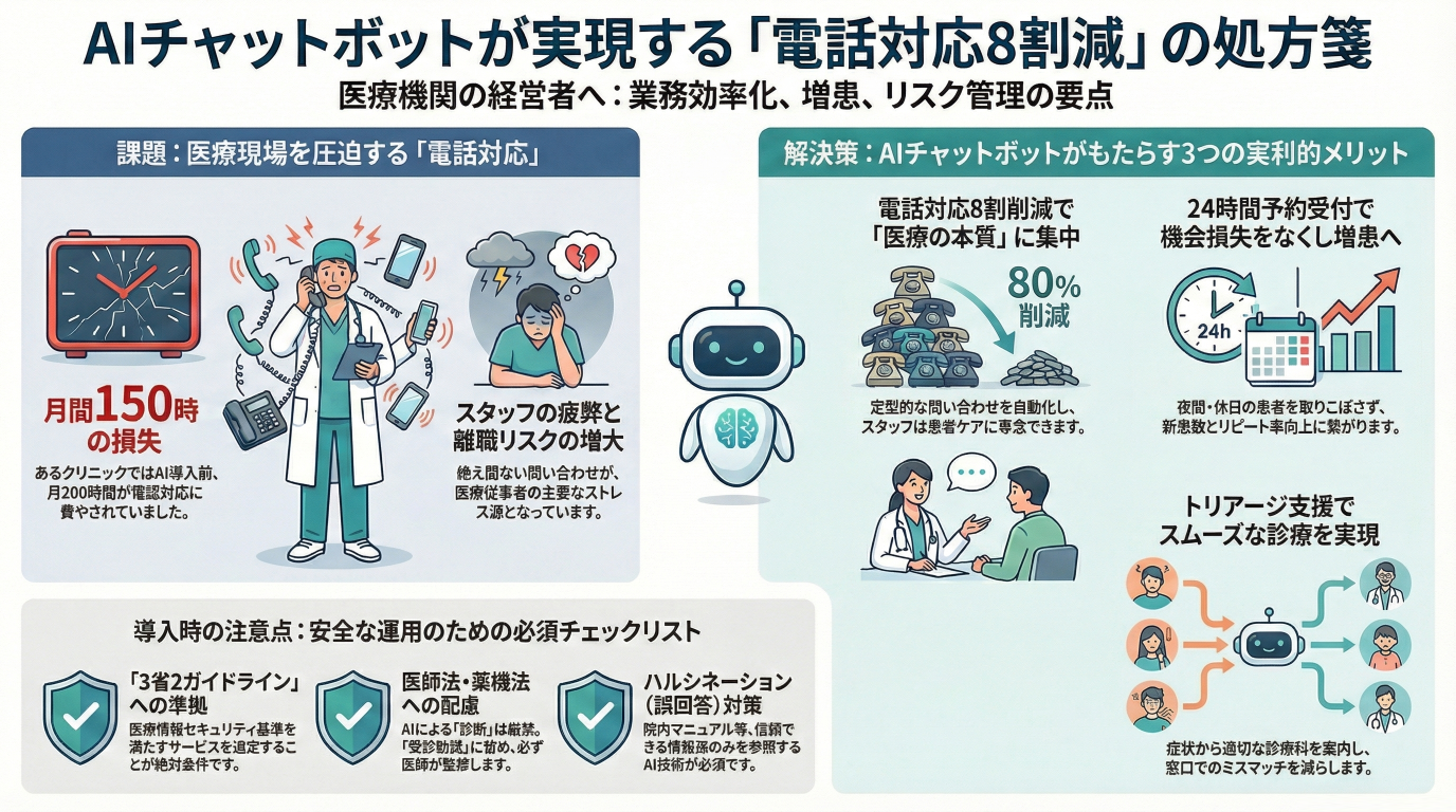 医療DXの最前線：AIチャットボットが「電話対応8割減」を実現する理由と導入ガイド