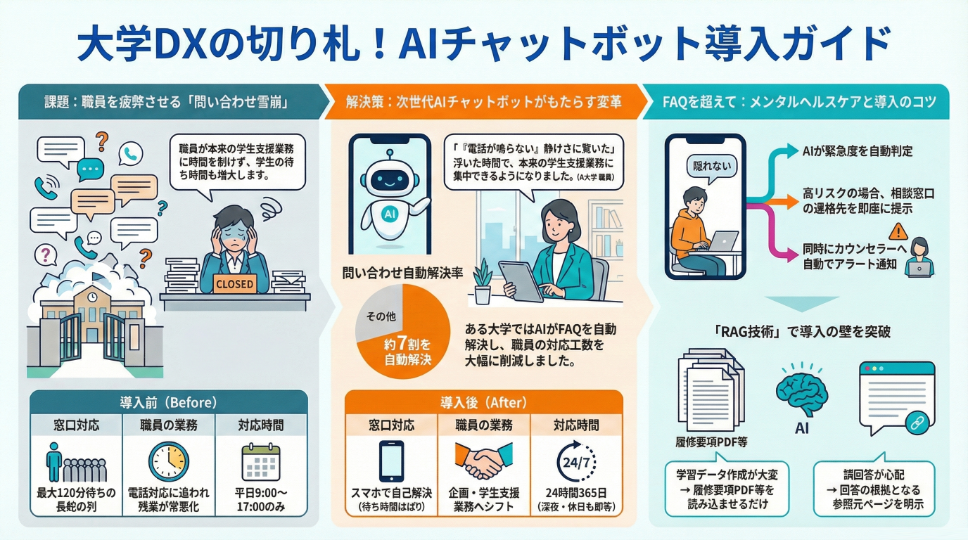 大学DXの切り札「AIチャットボット」導入ガイド｜教務課の負担を6割減らす実践的アプローチ