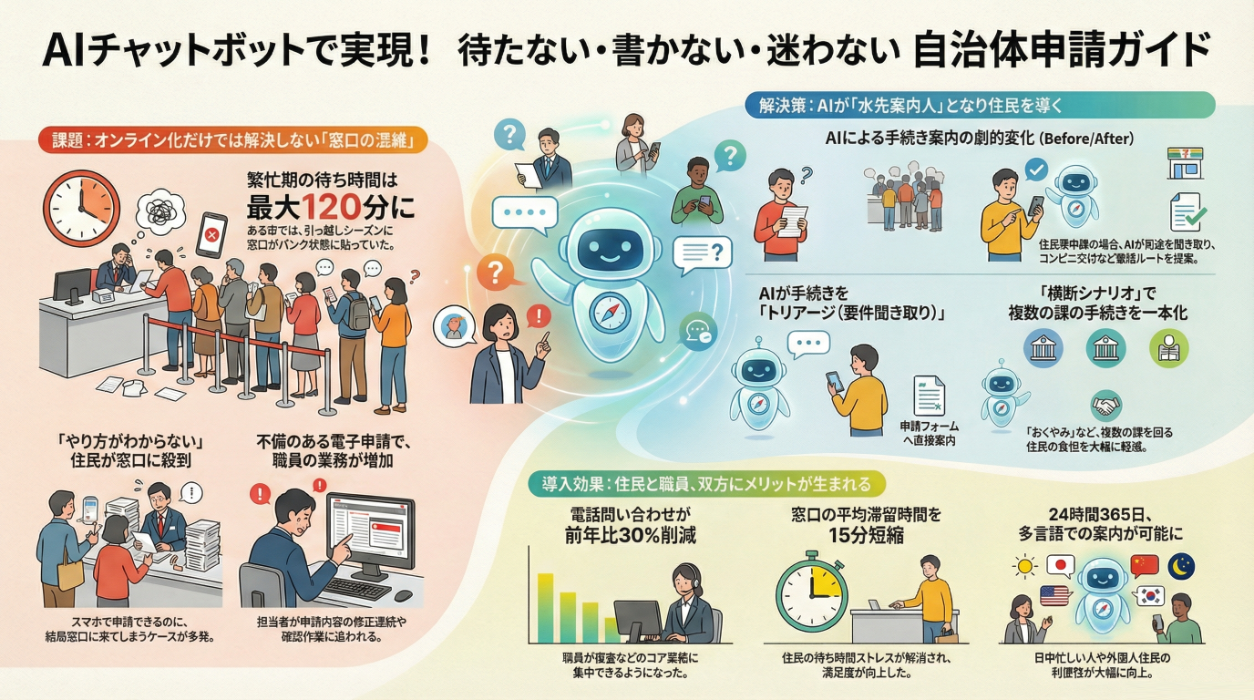 自治体の「申請・届出」はここまで自動化できる！AIチャットボットで窓口混雑を解消する実践モデル