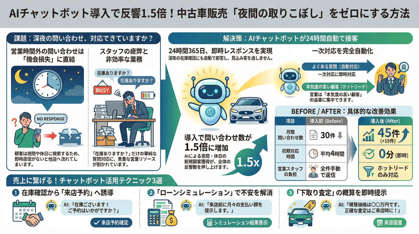 中古車販売の「夜間の取りこぼし」をゼロに！AIチャットボット導入で反響率を1.5倍にする具体策