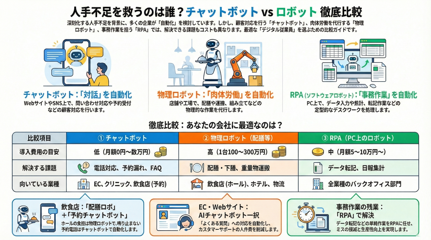 人手不足を救うのはどっち？チャットボット vs ロボット（配膳・RPA）｜300社の導入支援から見えた「失敗しない選び方」