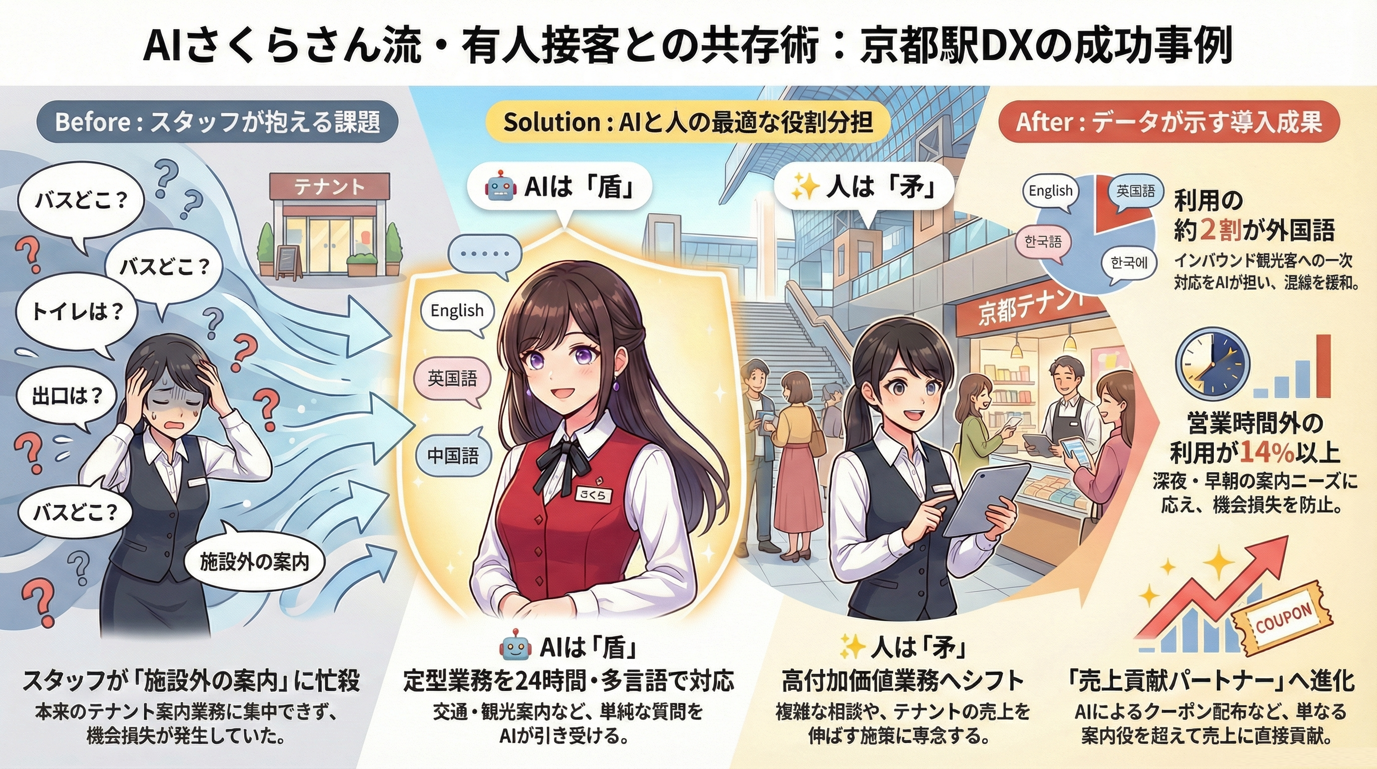 【京都駅DX】AIさくらさん：有人接客との「共存」の正解