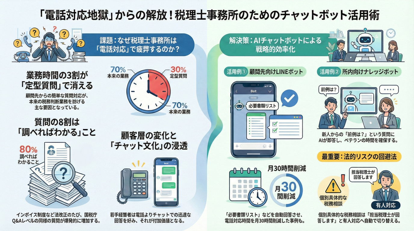税理士事務所の電話が鳴り止まない…。確定申告期のカオスを鎮める「士業専用チャットボット」活用術
