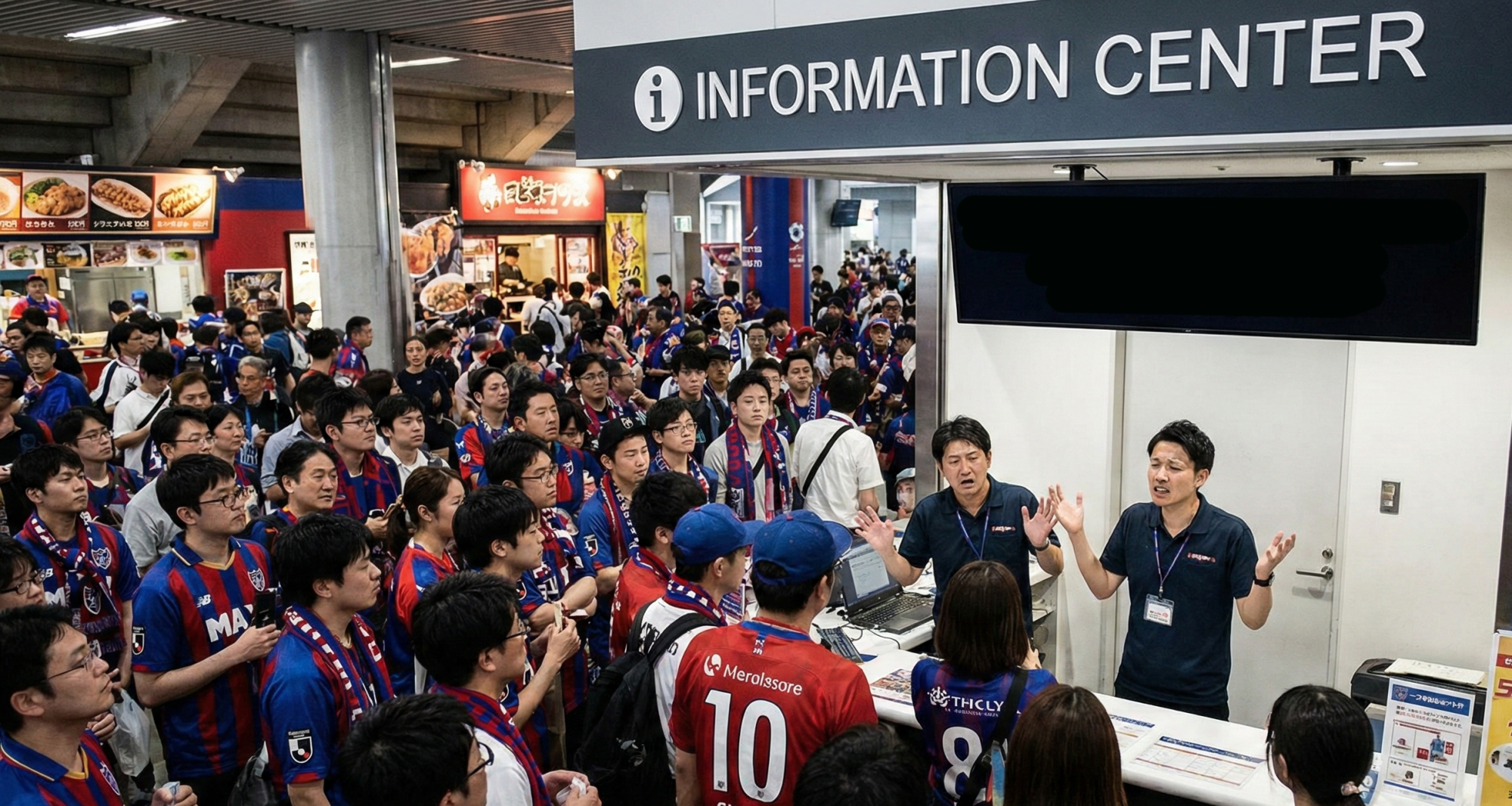インフォメーションにごった返す人