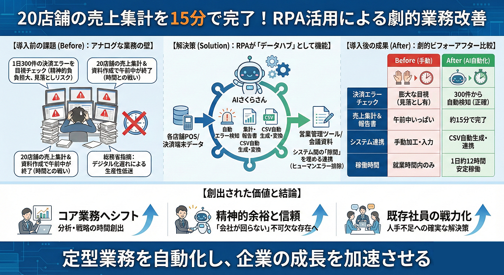 20店舗の売上集計を15分で完了。決済エラー300件を自動化したRPA活用術
