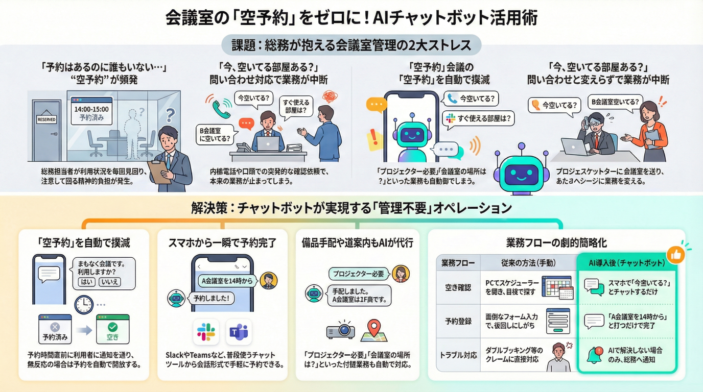 会議室の「空予約」をチャットボットで30%削減！総務の工数を減らす自動化の仕組みと費用対効果