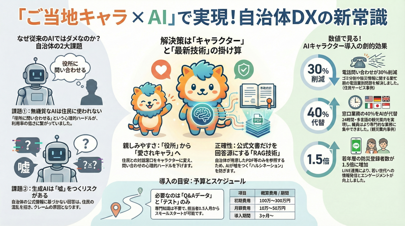 問い合わせ電話30%削減！「ご当地キャラ×AI」で実現する自治体DXの費用対効果と導入実務