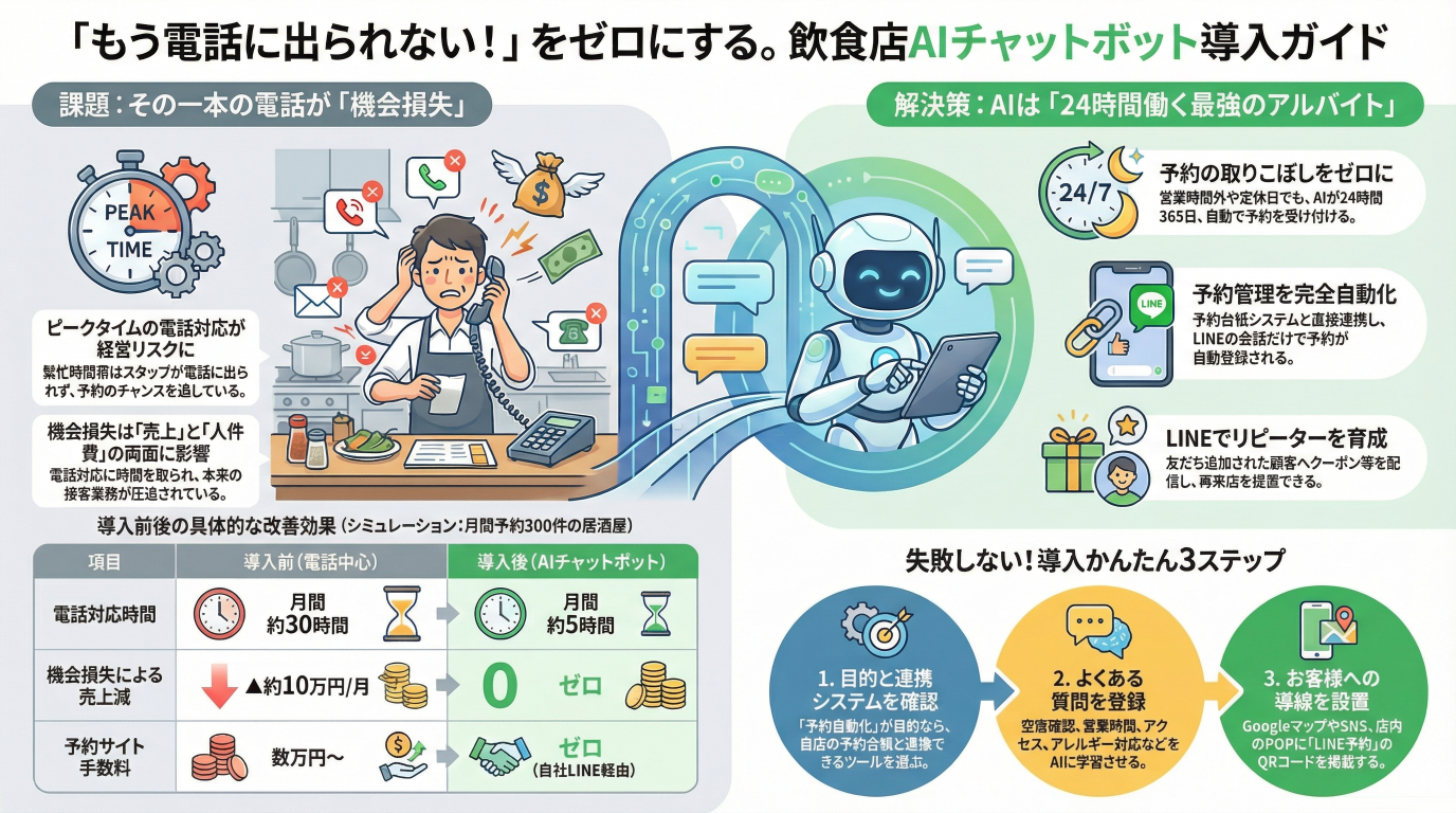 「ランチピークに電話に出られない！」をゼロにする。飲食店のAIチャットボット導入・活用完全ガイド