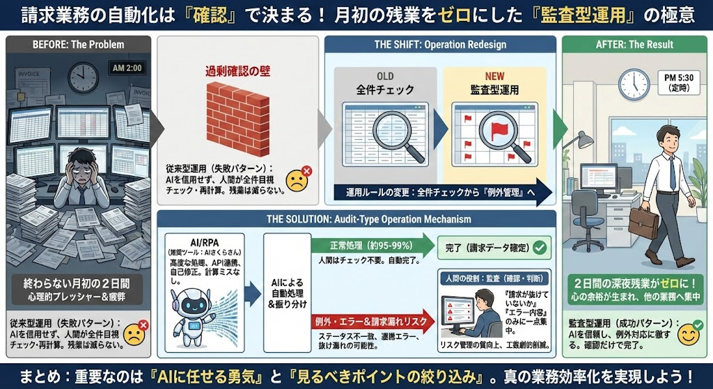 請求業務の自動化は「確認」で決まる。2日間の残業をゼロにした監査型運用