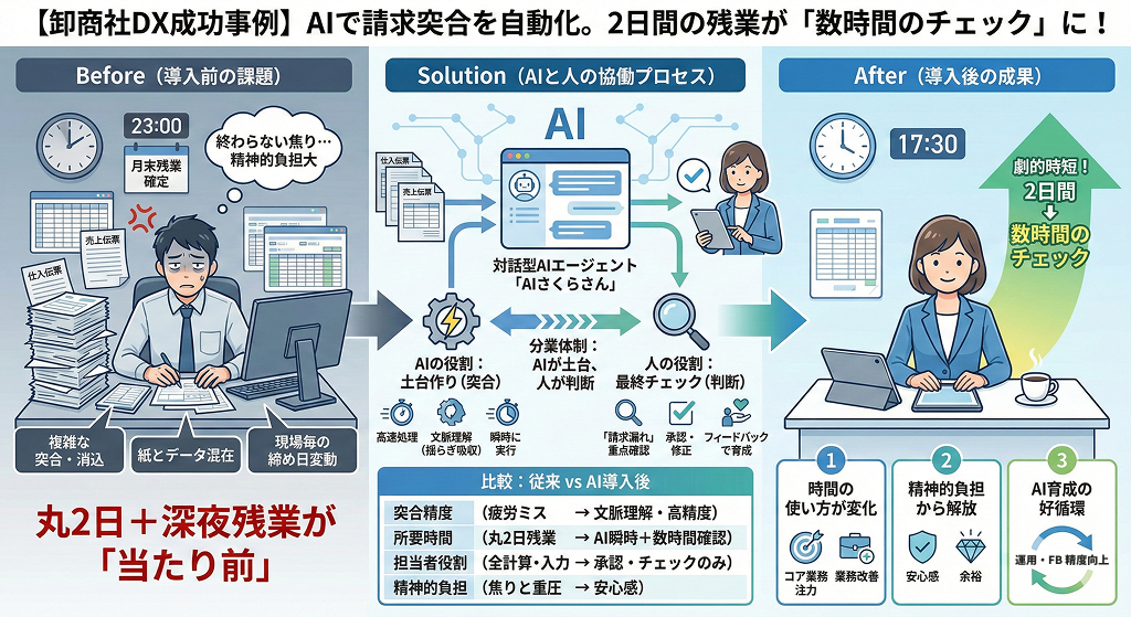 【卸商社DX事例】請求突合をAIで自動化。2日間の残業が「数時間のチェック」に激減