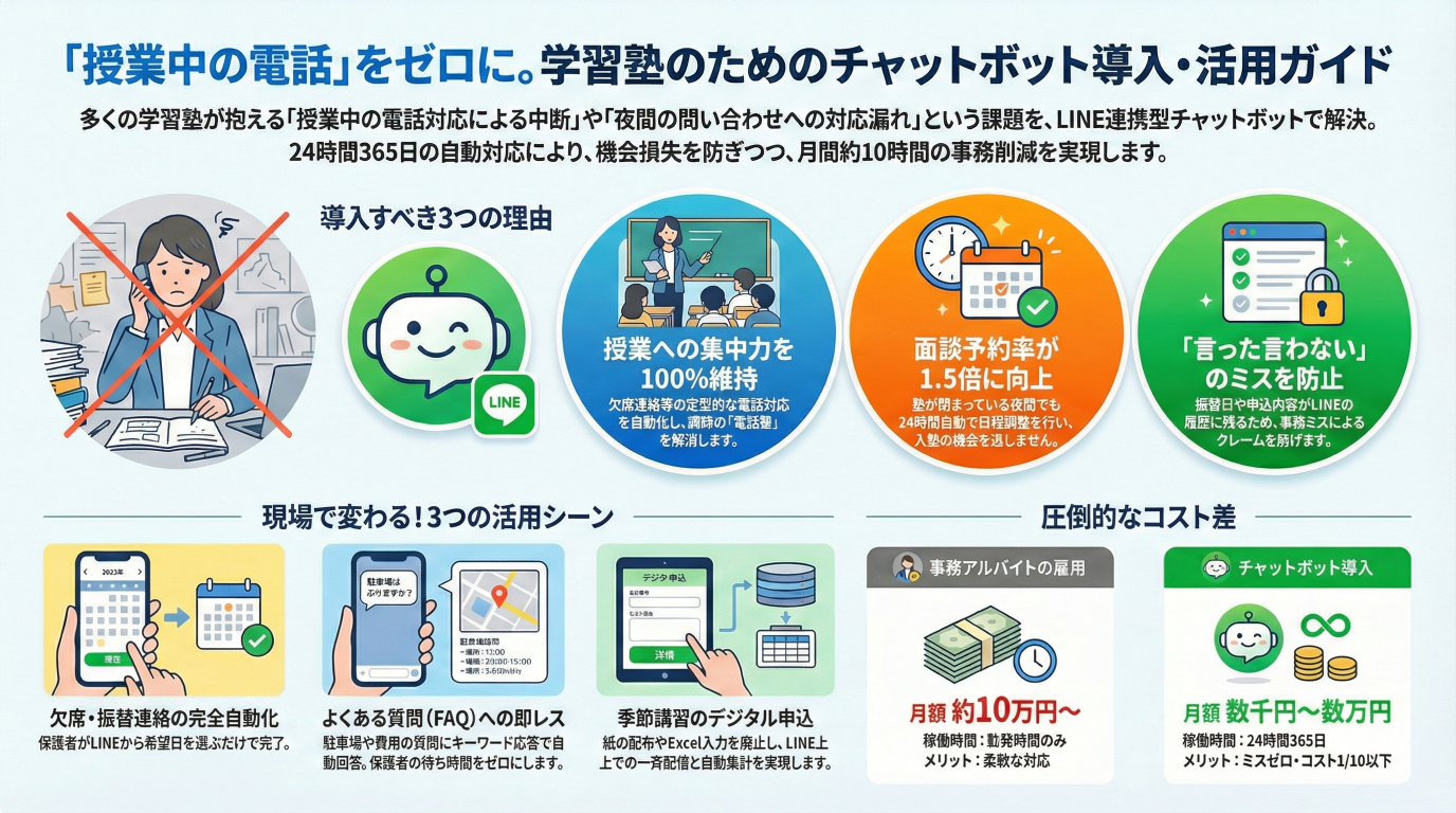 「授業中に電話が鳴る」ストレスをゼロに。学習塾がチャットボットを導入すべき3つの理由と現実的な活用術