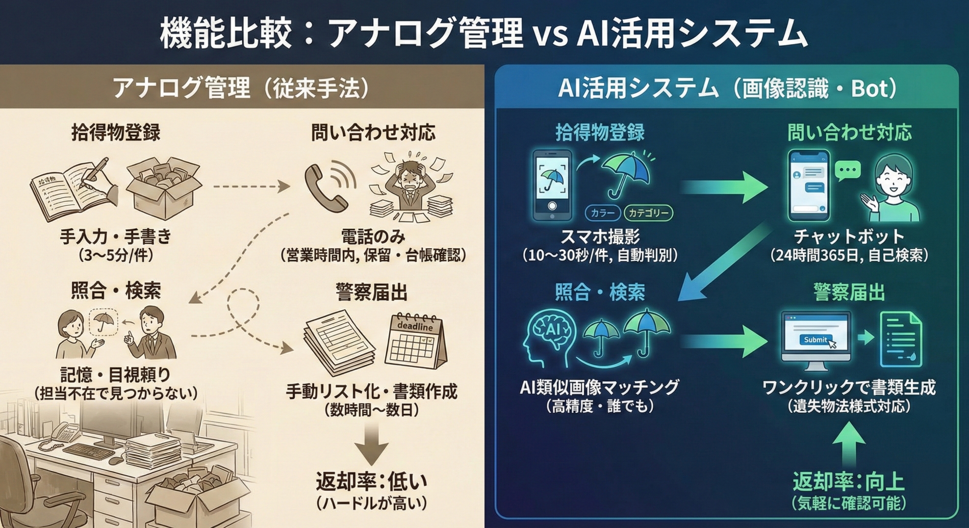 機能比較：遺失物のアナログ管理　vs　AI活用システム