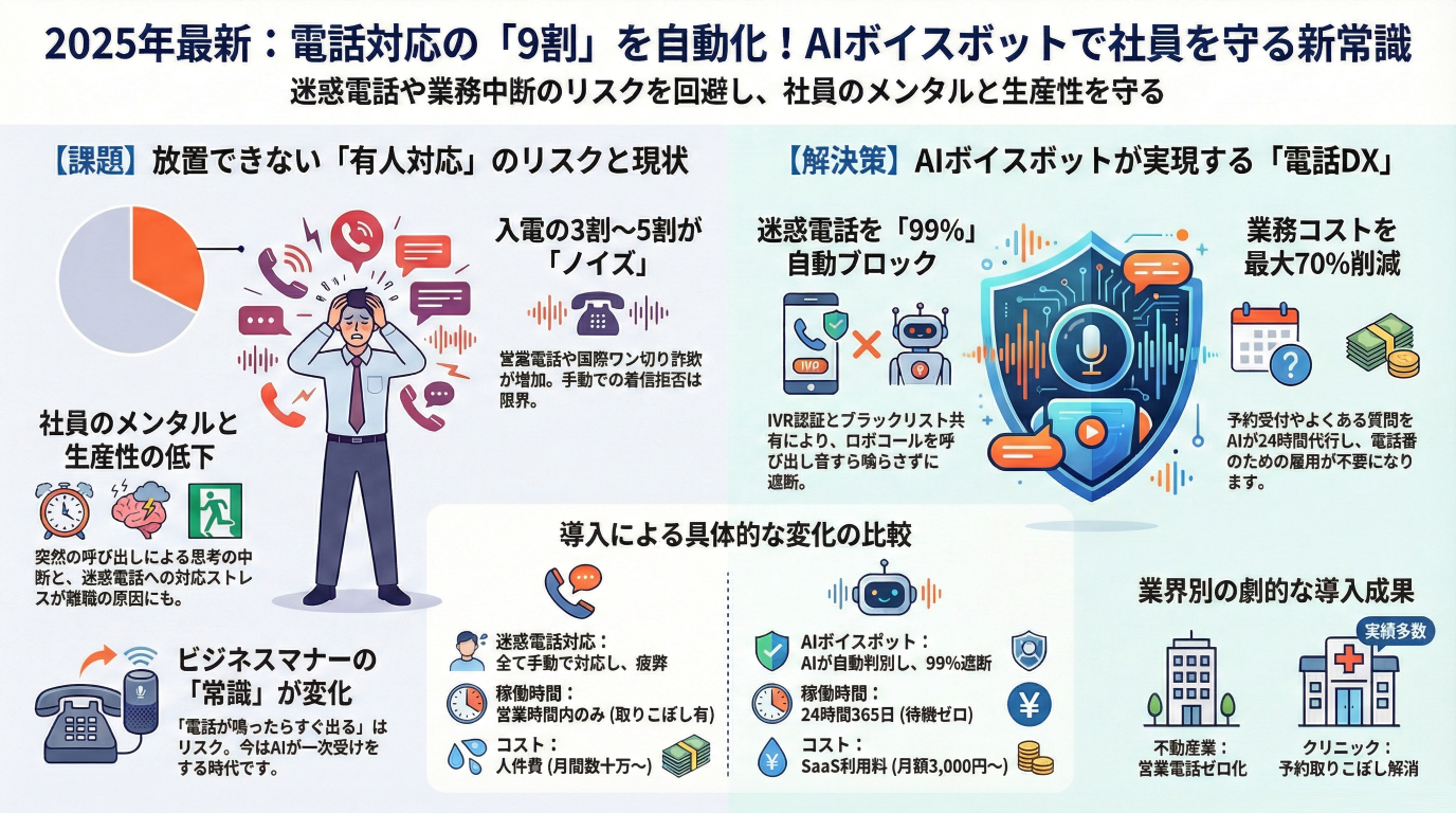 【2025年最新】電話対応の「9割」を自動化!AIボイスボットで迷惑電話をブロックし、社員を守る方法