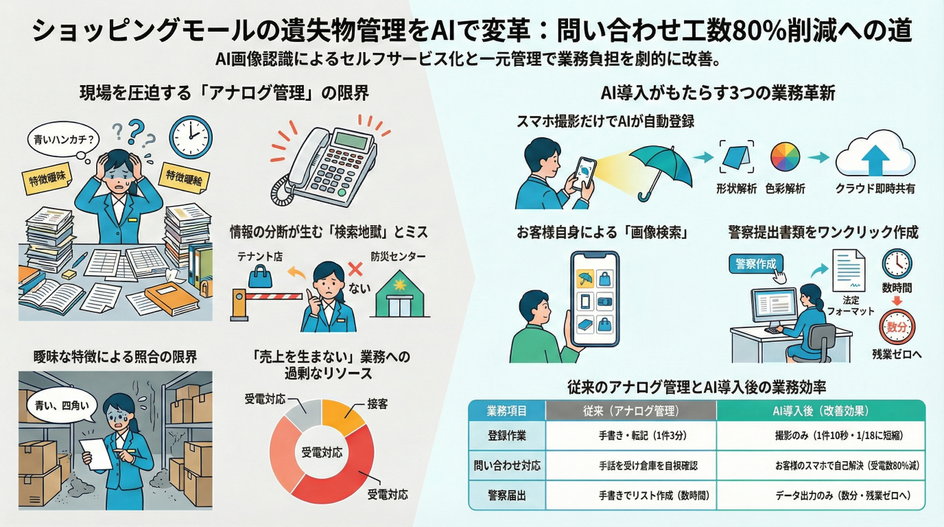 「また電話だ…」ショッピングモールの遺失物対応、AIで“検索時間ゼロ”へ。管理負担を劇的に減らす次世代システムとは