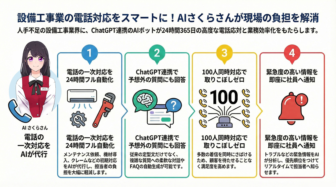 設備工事業の電話対応をスマートに!AIさくらさんが現場の負担を解消